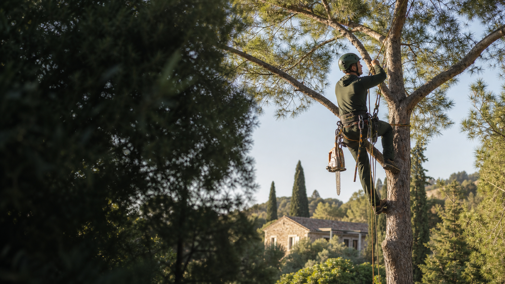 Επαγγελματίας arborist εργάζεται με σχοινιά επάνω σε πεύκο